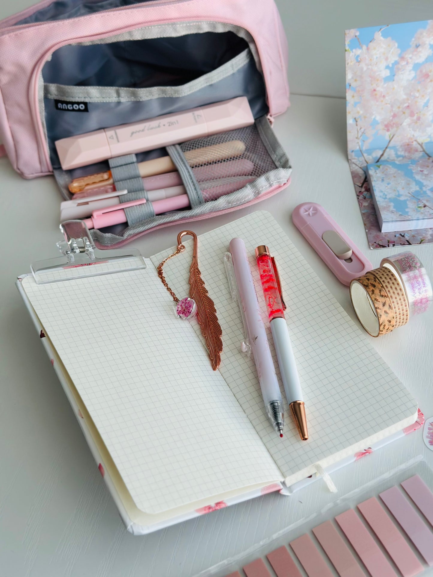 Soft Pink B6 Grid Notebook Stationery Gift Set with Pencil Case