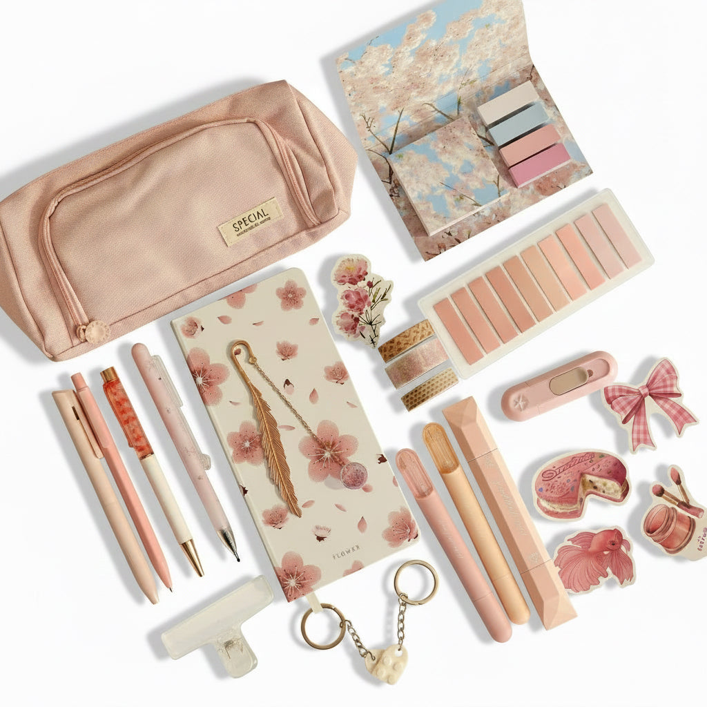 Soft Pink B6 Grid Notebook Stationery Gift Set with Pencil Case