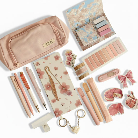Soft Pink B6 Grid Notebook Stationery Gift Set with Pencil Case