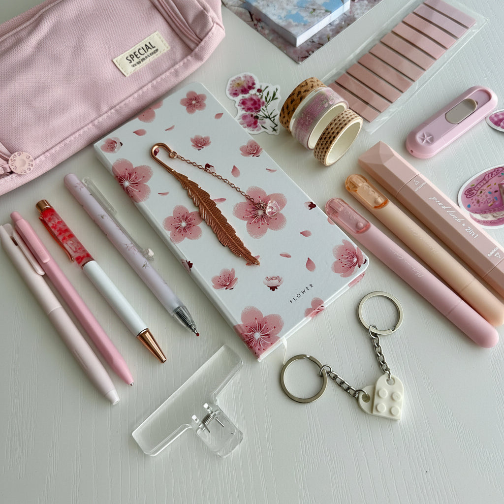 Soft Pink B6 Grid Notebook Stationery Gift Set with Pencil Case